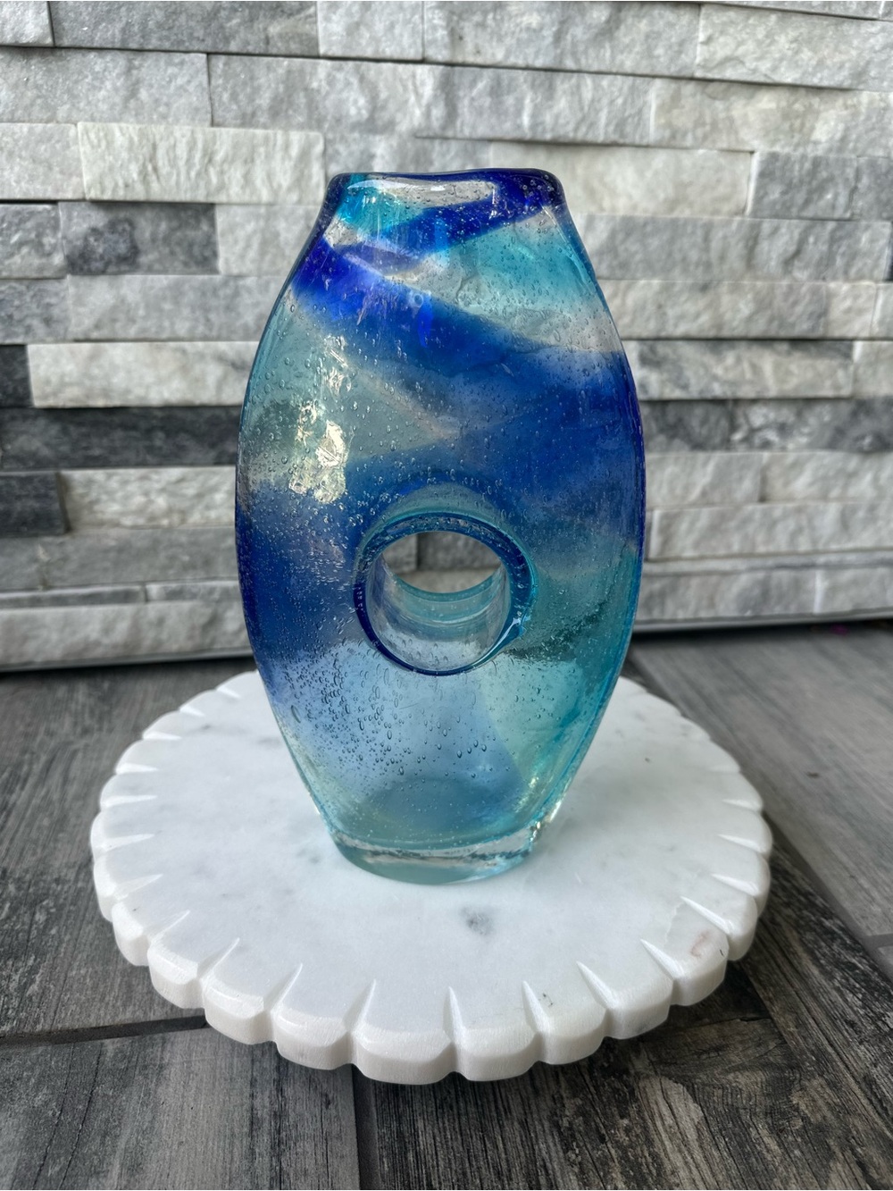 Vintage Hand Blown Art Glass Donut Hole  Blue  MCM  Vase
